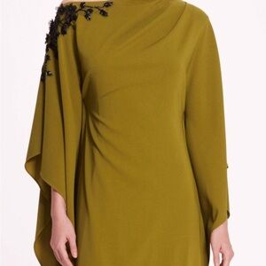 Marchesa Asymmetrical olive green Dress with Draped Bodice and Dolman Sleeves